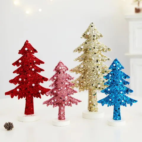 3-Piece Set Sequin Non-Woven Fabric Christmas Tree Desktop Ornaments With Artificial Pearl For Holiday Home Party Decor