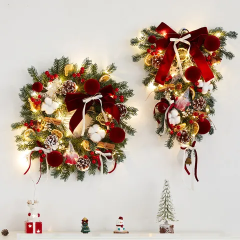 Christmas Wreath Teardrop Tree PE PVC With LED Lights Khaki Red Bow Pinecones Wall Hanging Decoration For Home Hotel Mall
