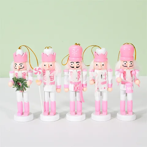 Pink White Wooden Nutcracker Soldier Hanging Ornaments Christmas Tree Decoration Figures Holiday Gift Festive Home Decor