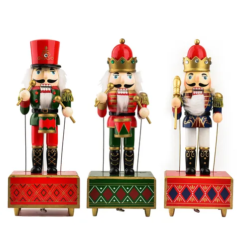Handmade Wooden Nutcracker Music Box Hand Painted Soldier King Figurine Clockwork Musical Decoration Christmas Gift