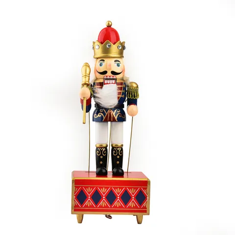 Handmade Wooden Nutcracker Music Box Hand Painted Soldier King Figurine Clockwork Musical Decoration Christmas Gift