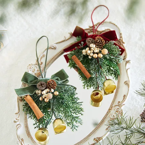 Adornos Colgantes para Árbol de Navidad Lazos de Terciopelo Con Campanas Piñas Verdor Artificial para Decoración de Fiestas