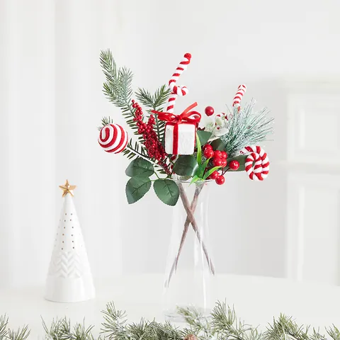 Artificial Christmas Pine Branches With Red Berries Pine Cones Candy Cane Gift Box Picks For DIY Christmas Tree Decor