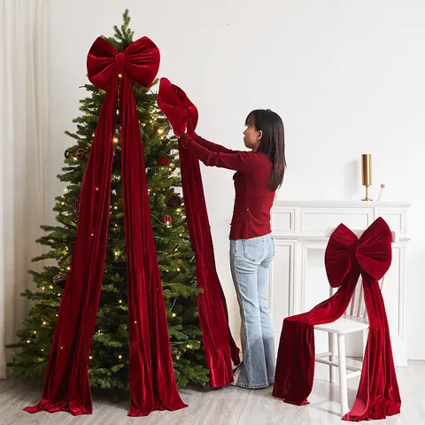 Large Christmas Flocked Bow Wine Red Tree Topper Decoration Festival Venue Ornament Mall Hotel New Year Party Layout Accessories