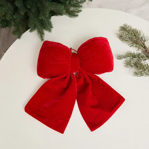 Red Velvet Christmas Bow Ornament Flocked Ribbon Tree Decoration Large Festive Hanging Pendant For Holiday Scene Layout