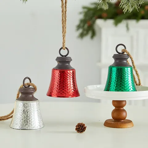 Vintage Iron Christmas Bell Hanging Ornament Hammered Texture Metal Bell For Tree Fireplace Home Holiday Party Decoration