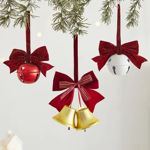 Christmas Iron Bell Pendant Hanging Decoration With Red Velvet Bow For Hotel Mall Window Xmas Tree Decor Red Gold