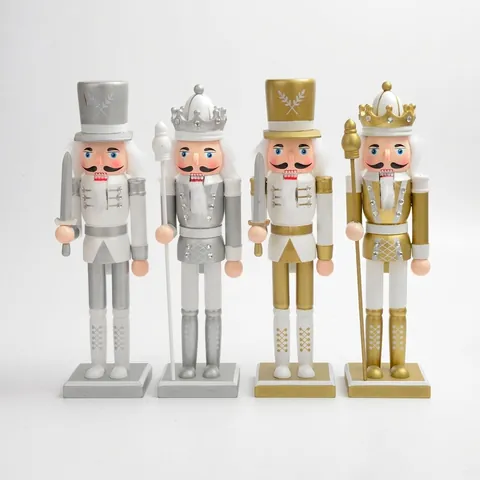 Traditional Christmas Nutcracker Wooden Soldier King Ornament Gold Silver White Metallic Finish Holiday Home Office Decor