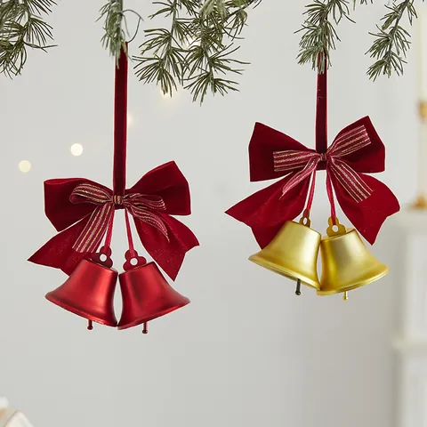 Christmas Iron Bell Pendant Hanging Decoration With Red Velvet Bow For Hotel Mall Window Xmas Tree Decor Red Gold