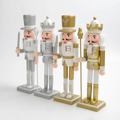 Traditional Christmas Nutcracker Wooden Soldier King Ornament Gold Silver White Metallic Finish Holiday Home Office Decor
