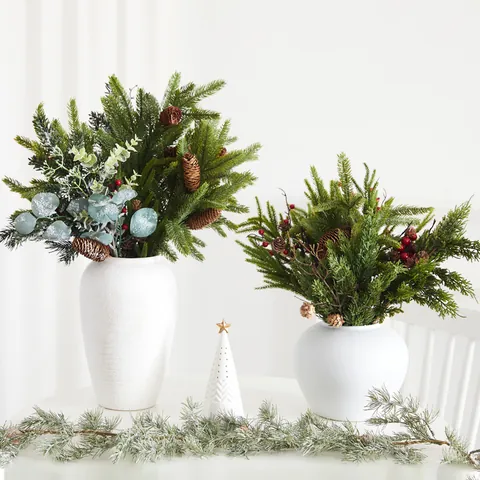Weihnachten Künstliche Kiefernzweige mit Tannenzapfen und Roten Beeren PVC Grüne Stiele für Weihnachtsdeko Vasen Arrangement