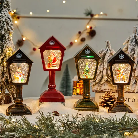 Vintage Christmas Mailbox Snow Globe Lantern Plastic Water Filled Swirl Glitter LED Music Desk Lamp Luminous Ornament