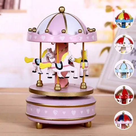Vintage Wooden Carousel Music Box Wind Up Mechanical Rotating Musical Box Horse Toy For Kids Birthday Christmas Gift Decor