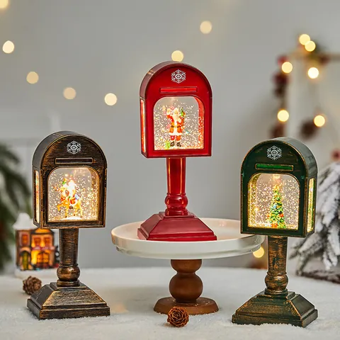 Retro Mailbox Christmas Snow Globe Lantern With Music LED Light Swirling Snow Santa Claus Snowman Reindeer Christmas Tree Ornament Holiday Decor