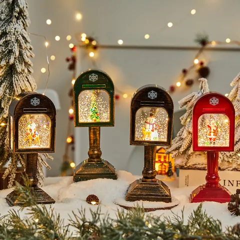 Retro Mailbox Christmas Snow Globe Lantern With Music LED Light Swirling Snow Santa Claus Snowman Reindeer Christmas Tree Ornament Holiday Decor