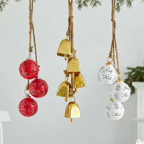 Vintage Iron Christmas Bell Pendant Ornaments With Hemp Rope Rustic Metal Noel Joy Lettering Bell For Christmas Tree Hanging Decorations