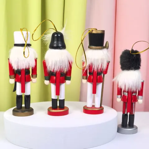 Juego de 4 Piezas 13CM Cascanueces de Madera Soldado Adornos Pintados a Mano Decoraciones Navideñas Estatuas de Madera Maciza