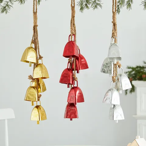 Vintage Iron Christmas Bell Pendant Ornaments With Hemp Rope Rustic Metal Noel Joy Lettering Bell For Christmas Tree Hanging Decorations