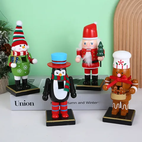 16cm Wooden Christmas Nutcracker Ornament Fat Santa Penguin Snowman Gingerbread Man Figurine Holiday Tabletop Decoration