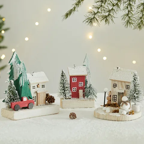 Casa de Madera de Navidad Escena de Nieve en Miniatura Decoración Cabaña Roja Blanca Adorno Pequeño Diseño de Escritorio Decoración de Ambiente Navideño