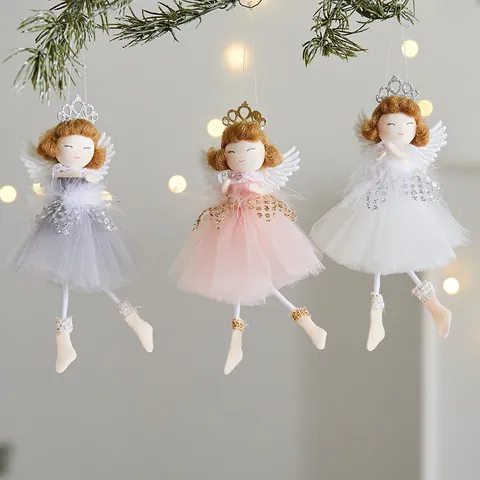 Christmas Angel Girl Hanging Pendant with Tutu Mesh Skirt Feather Wings Crown Sequins Ornament for Christmas Tree Holiday Party Decor