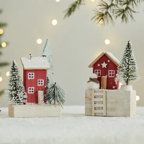 Casa de Madera de Navidad Escena de Nieve en Miniatura Decoración Cabaña Roja Blanca Adorno Pequeño Diseño de Escritorio Decoración de Ambiente Navideño