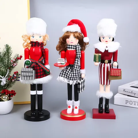 Christmas Wooden Nutcracker Doll Female Soldier Figure With Plaid Skirt Faux Fur Hat Ornament For Holiday Party Home Decor