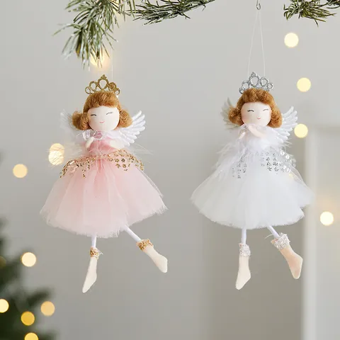 Christmas Angel Girl Hanging Pendant with Tutu Mesh Skirt Feather Wings Crown Sequins Ornament for Christmas Tree Holiday Party Decor