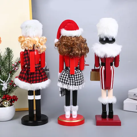 Christmas Wooden Nutcracker Doll Female Soldier Figure With Plaid Skirt Faux Fur Hat Ornament For Holiday Party Home Decor
