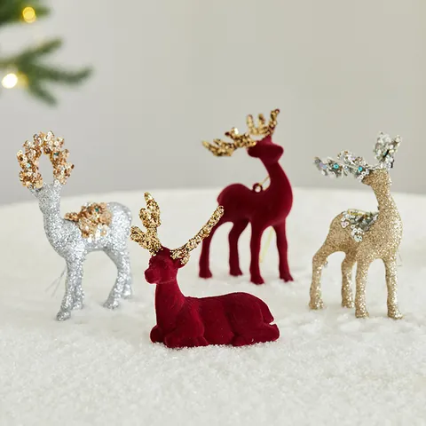 Christmas Reindeer Ornament Red Flocked Deer Figurine With Gold Sequins For Holiday Desktop Decoration Shop Mall Xmas Supplies