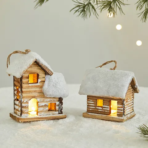 Christmas Glowing Wooden House LED Warm Light Snow Effect Cabin Desktop Ornament Festive Home Winter Room Decor Gift