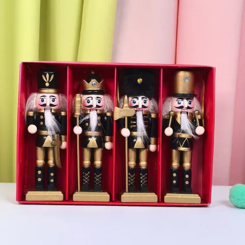 4 Piezas Cascanueces de Madera Negro Oro Soldado Ornamentos 13cm Miniaturas Figuras de Soldado de Madera para Decoración de Navidad