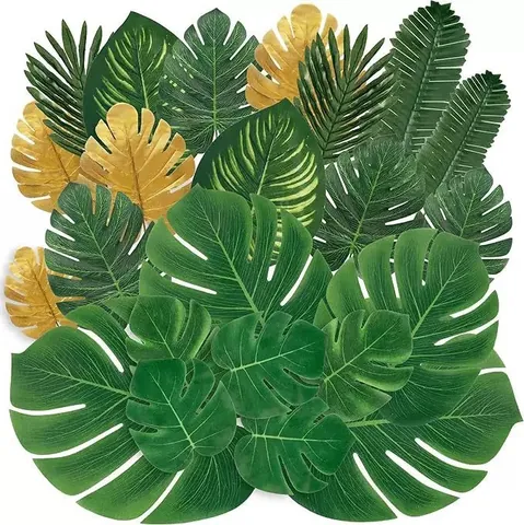 Artificial Monstera Leaves Set Gold Green Faux Palm Leaves Tropical Theme Party Decor Table Decoration Silk Screen Printed