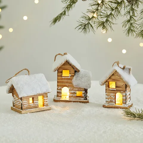 Christmas Glowing Wooden House LED Warm Light Snow Effect Cabin Desktop Ornament Festive Home Winter Room Decor Gift