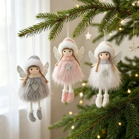 Muñeca de Ángel de Peluche de Navidad Adorno Colgante con Alas de Purpurina y Gorro de Punto Blanco Rosa Gris Decoración de Árbol de Navidad para Hogar Fiesta Ventana