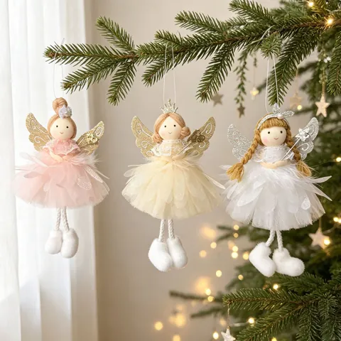 Nordic Cloth Christmas Angel Doll Pendant Glitter Wings Feather Skirt Xmas Tree Hanging Ornament Holiday Decor Photo Props