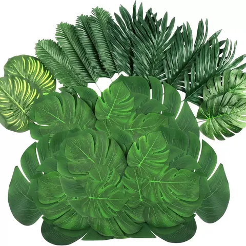 Artificial Monstera Leaves Set Gold Green Faux Palm Leaves Tropical Theme Party Decor Table Decoration Silk Screen Printed