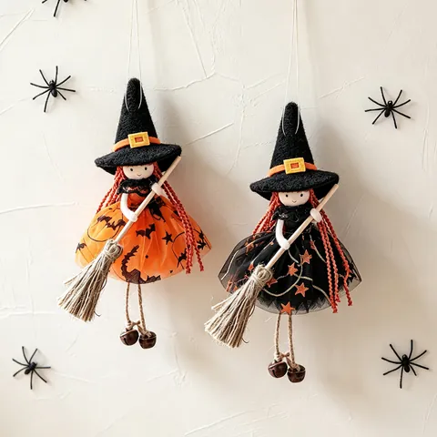 Halloween Witch Broom Doll Hanging Decor Mesh Polyester Witch Figurine With Wood Broom Bell For Window Home Halloween Party Decoration