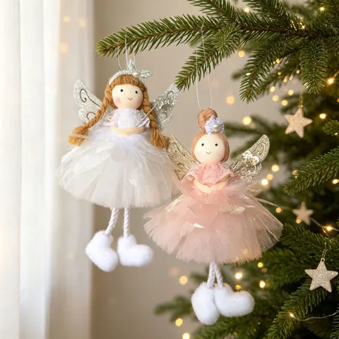 Nordic Cloth Christmas Angel Doll Pendant Glitter Wings Feather Skirt Xmas Tree Hanging Ornament Holiday Decor Photo Props