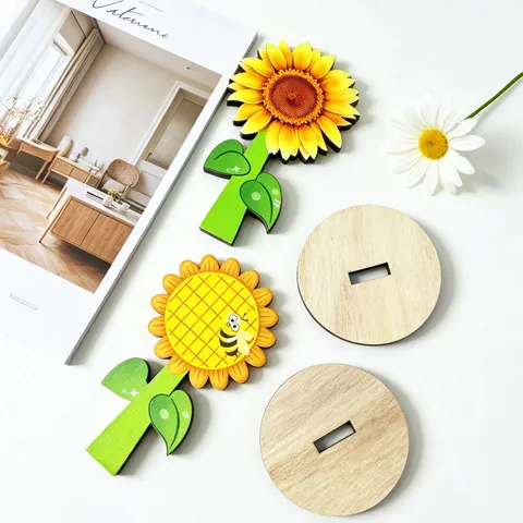 Pastoral Wooden Sunflower Desktop Ornament Cartoon Bee Sun Flower Table Decoration For Spring Home Window Display Decor
