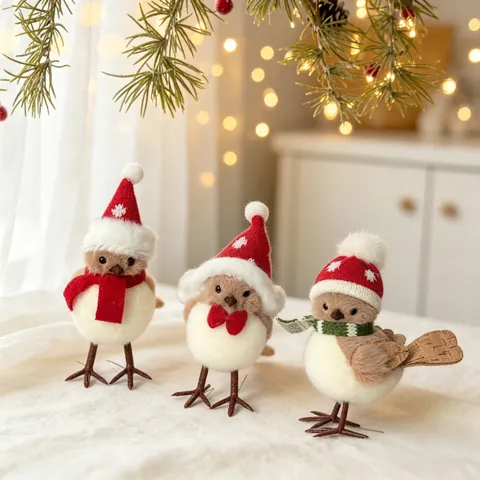 Nordic Style Christmas Bird Doll Ornament With Red Hat And Scarf For Holiday Party Window Decoration Handmade Foam Bird Figurine