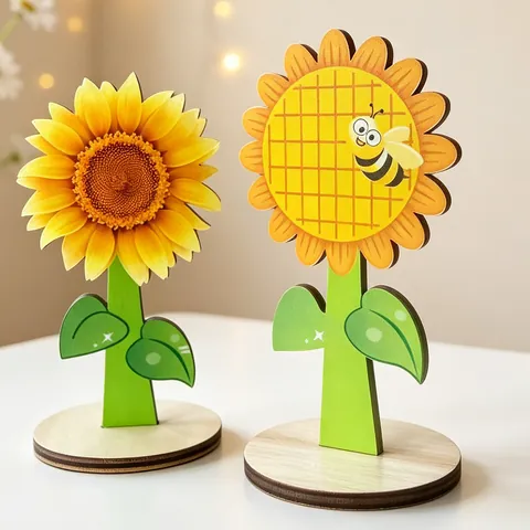 Pastoral Wooden Sunflower Desktop Ornament Cartoon Bee Sun Flower Table Decoration For Spring Home Window Display Decor
