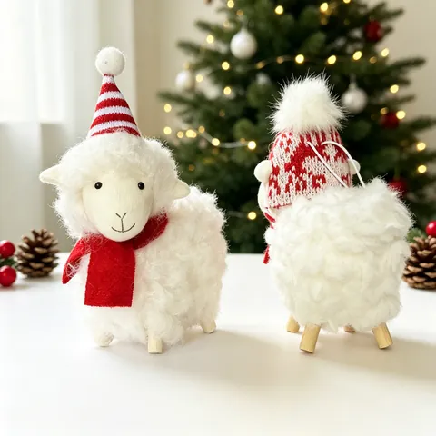 Christmas Plush Sheep Ornament White Curly Lamb Doll With Knitted Hat And Wood Legs Desktop Decor For Home Party Hanging Decor
