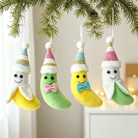 Lindo Adorno de Árbol de Navidad de Plátano de Peluche Gorro de Punto de Dibujos Animados Colgante de Fruta Pelada Decoración del Hogar
