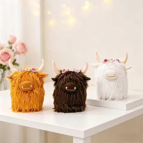 Cute Scottish Highland Cow Plush Toy Soft Stuffed Animal Desktop Ornament With Flower Wreath Highland Yak Doll Home Decor Gift