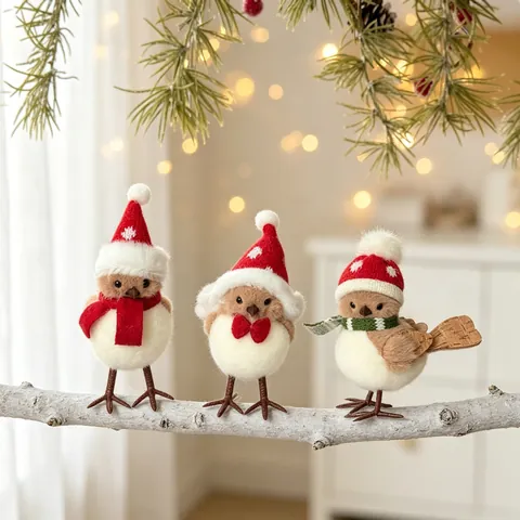 Nordic Style Christmas Bird Doll Ornament With Red Hat And Scarf For Holiday Party Window Decoration Handmade Foam Bird Figurine