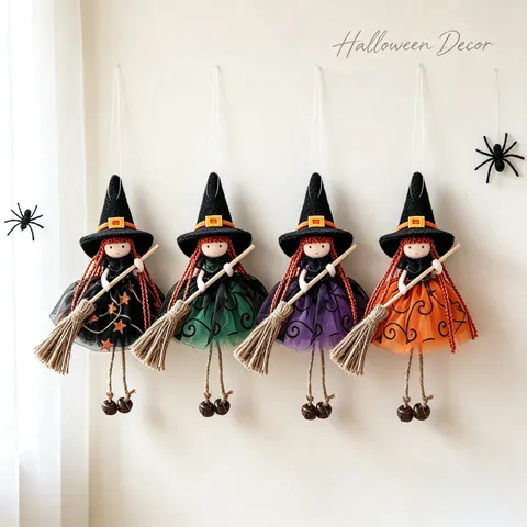 Halloween Witch Broom Doll Hanging Decor Mesh Polyester Witch Figurine With Wood Broom Bell For Window Home Halloween Party Decoration