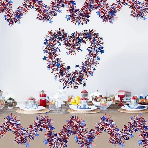 Patriotic Red White Blue Tinsel Garland For July 4th Independence Day Decoration Star Metallic Glitter Wreath For Party