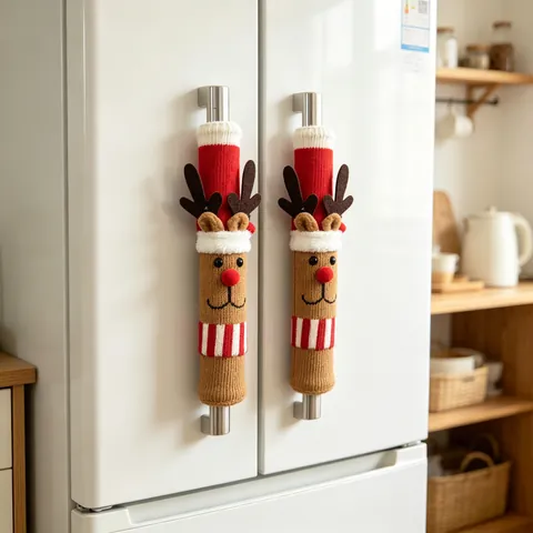 Christmas Refrigerator Handle Covers 3D Plush Knit Santa Claus Snowman Reindeer Kitchen Appliance Decoration Anti-Slip Covers Festive Home Decor