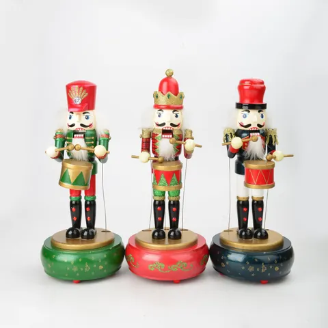 Vintage Wooden Nutcracker Music Box Mechanical Soldier Figurine Hand Painted Christmas Tabletop Decoration Holiday Gift